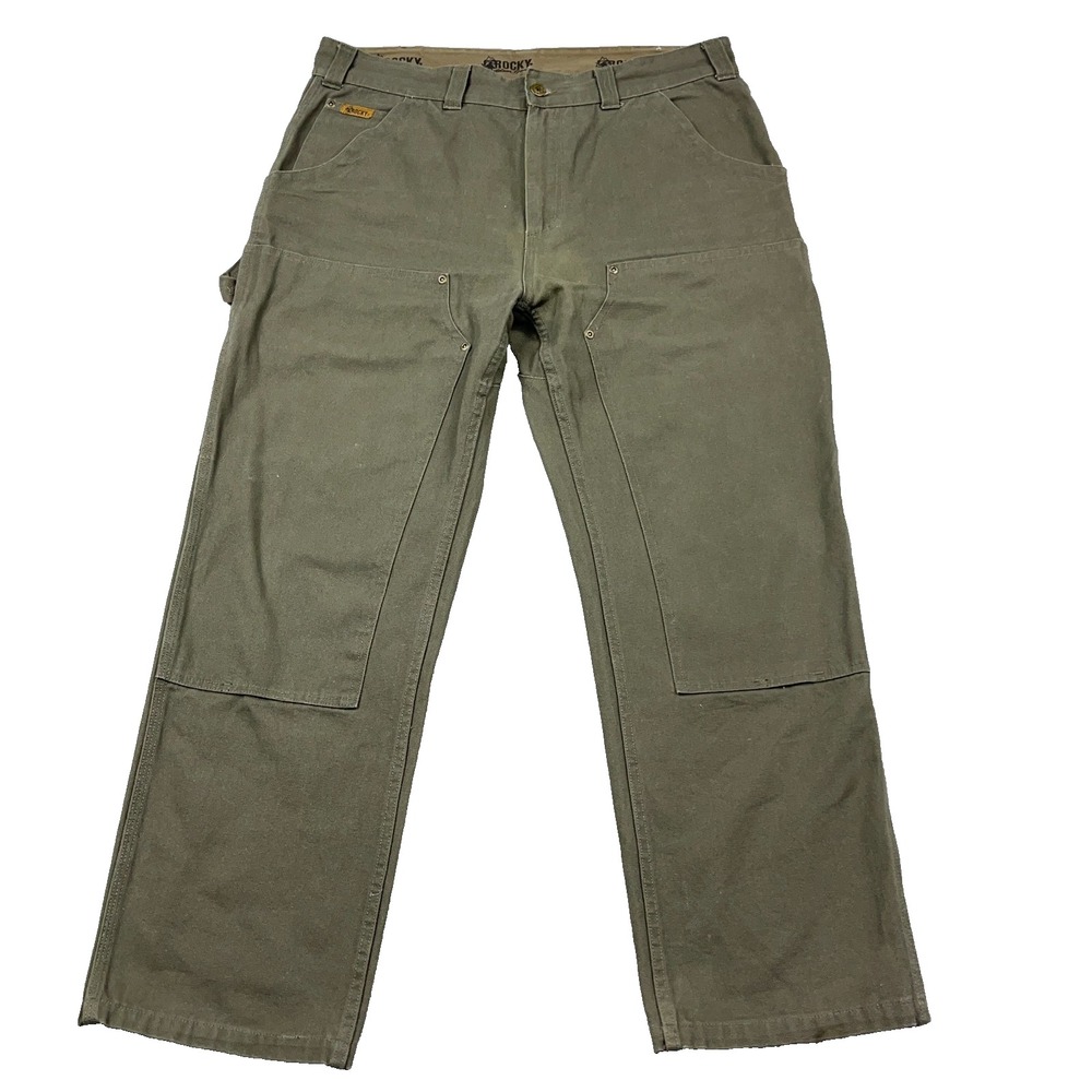 Vintage Rocky Pants Men 38x30 Carpenter Duck Canvas Baggy Green Double Knee Moss